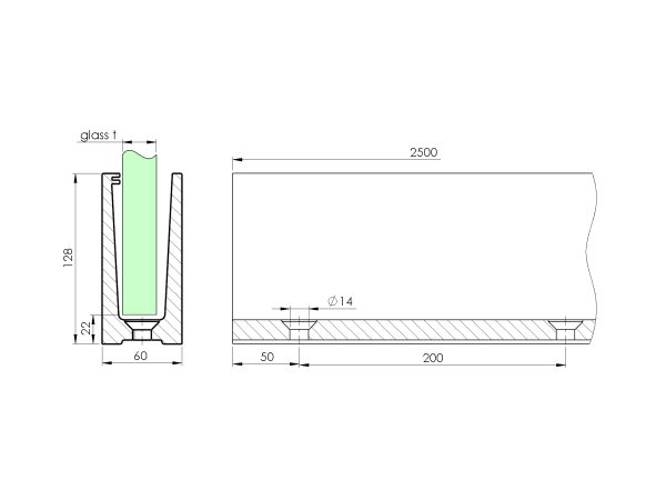 Aluminium Ganzglasgeländer U-Bodenprofil 2500mm 3,0kN Glasgeländer Satin Elox- für aufgesetzte Montage